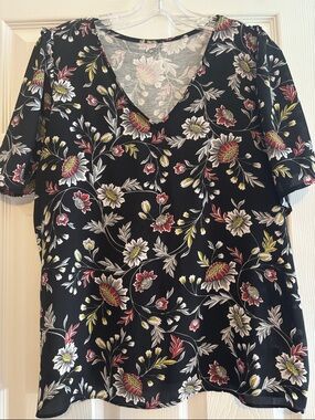 LOFT Outlet Black Floral V-Neck Blouse with Red and Yellow Flowers